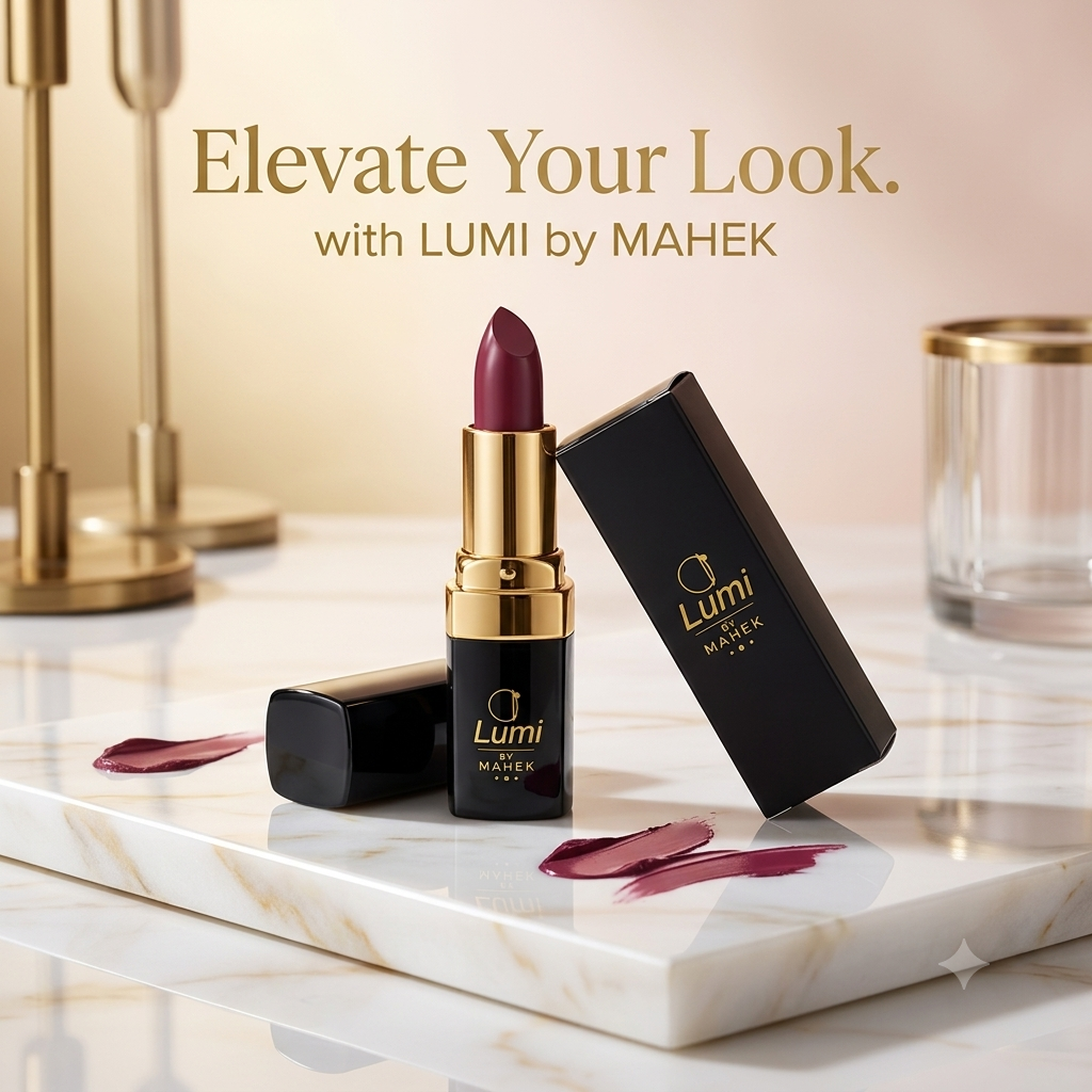 Lumi by Mahek matte lipstick in a black and gold case, standing open beside its box on a marble tray, with the tagline Elevate Your Look