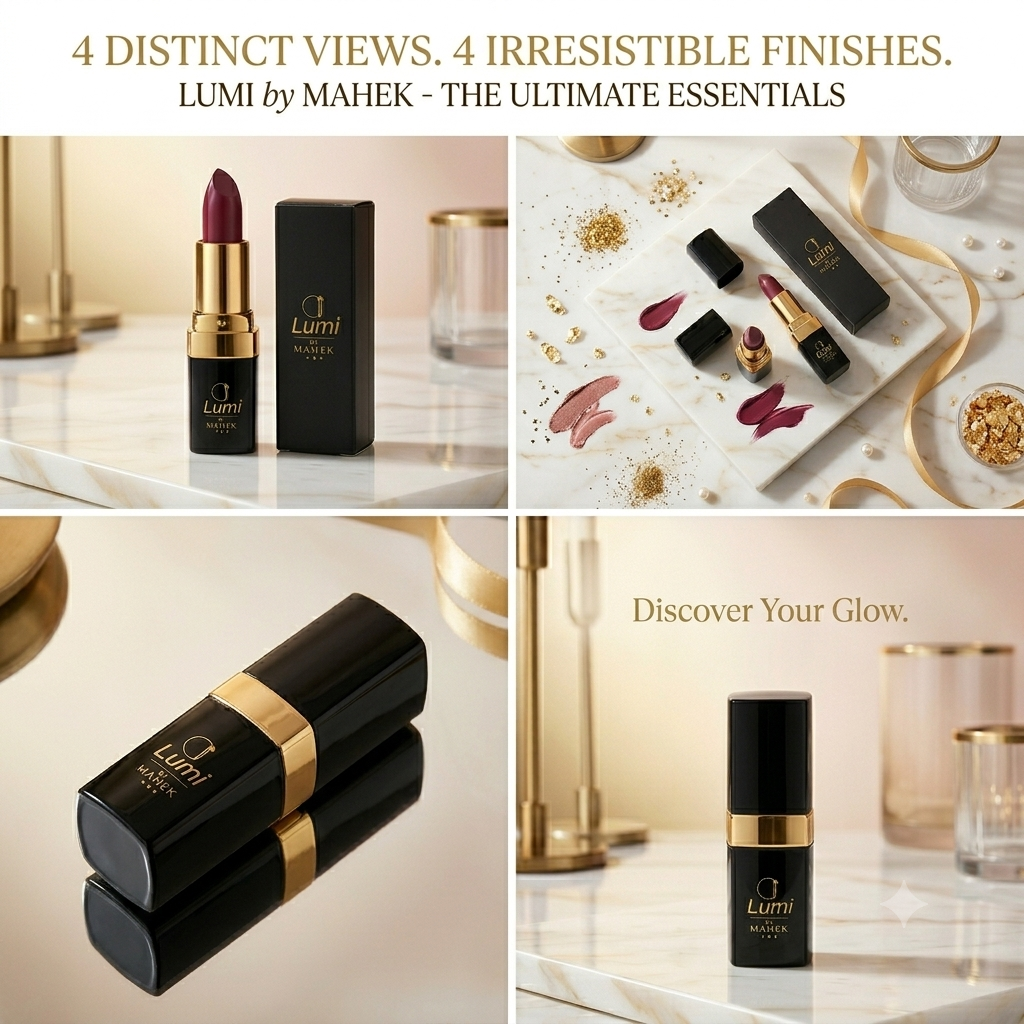 Four views of Lumi by Mahek lipstick — packaging, swatch detail, closed case, and styled product shot