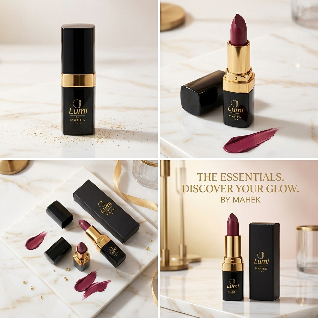Lumi by Mahek lipstick essentials collage with swatches, packaging, and the tagline Discover Your Glow