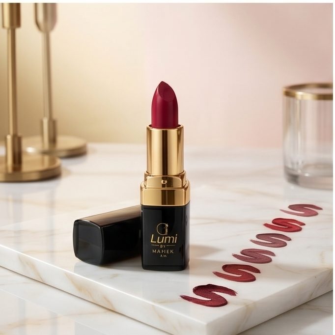 Lumi by Mahek Diva matte lipstick, open and standing upright